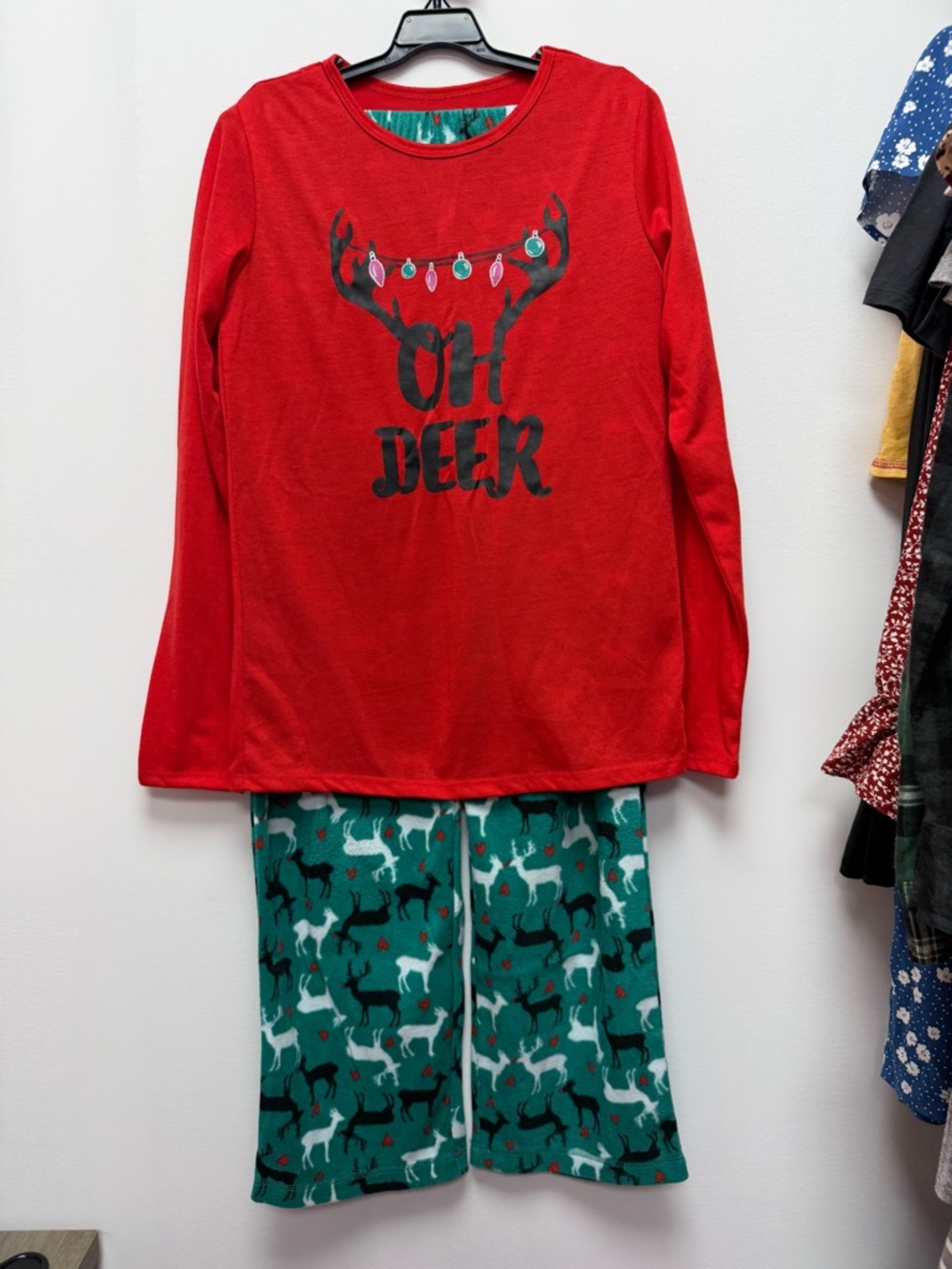 total girl Red 'Oh Deer' Top with Green Reindeer Pajama Pants